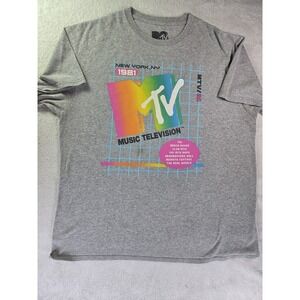 MTV Graphic T Shirt Mens Large Gray Rainbow Logo Music Television Retro 80s Tee